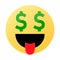Dollar sign eyes emoticon emoji character drawing. Isolated Vector.