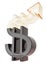The dollar sign is like a glass jar filled with oil. Dollar up arrow. Higher oil prices. Reflection of swinging oil on the surface
