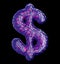Dollar sign made of purple plastic with abstract holes isolated on black background. 3d