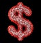 Dollar sign made of red plastic with abstract holes isolated on black background. 3d