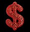 Dollar sign made of red plastic with abstract holes isolated on black background. 3d
