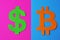 The dollar sign on a pink background and a sign of bitcoin on a blue background close-up. Conceptual collage about