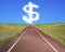 Dollar sign shape cloud in blue sky with running track