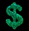 Dollar symbol in a 3D illustration made of broken plastic green color isolated on a black