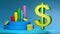 Dollar symbol on the background of multi-colored chart columns, arrows and coins. 3D rendering. Financial concept.