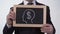 Dollar symbol head image on blackboard in businessman hands, greed for money