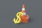 Dollar symbol and heap of road cones