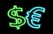 Dollar Vs Euro $ â‚¬ finance neon sign glow isolated on black