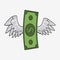 Dollar with wings. Flying money. Winged banknote. Vector.