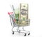 Dollars and euro cash in shopping trolley