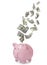 Dollars falling into pink piggy bank on background