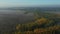 Dolly move, slow rotation in aerial view of early morning mist over traffic among forest trees