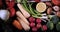 Dolly top down close up view of an assortment of healthy, organic vegetables