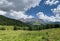 Dolomiltes landscape with Pala group in the background, a mountain range in northeastern Italy