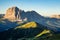 Dolomite mountain landscape at sunrise from Seceda peak, Italy