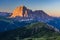 Dolomite mountain landscape at sunrise from Seceda peak, Italy