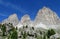 Dolomite peaks Sassolungo above green hill