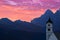 Dolomites Church Colle Santa Lucia at sunrise, Alps, Italy