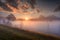 Dolomites misty highlands at idyllic dawn