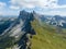 The Dolomites mountain range Italy part of the Southern Limestone Alps. Mountain aerial Hiking trekking majestic rugged