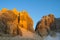 Dolomites rocky mountain wall in sunset light