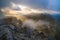 Dolomites scenic view at sunrise from Lagazuoi Mountain, beautiful alpine panorama, Italy