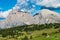 Dolomites Seiser Alm, Alpe di Suisi, South Tyrol, Italy. Beautiful Landscape with Rocky Mountains of Dolomites and Green Meadows 