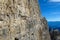 Dolomites via ferrata on rocky mountain wall in the Alpes