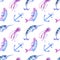 Dolphin, anchor, jelly fish, narwhal seamless watercolor pattern. Underwater cute background on white. Sea creatures in ocean on