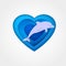 Dolphin on blue heart shaped sea