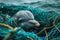 A dolphin caught in a fishing net. Generative AI