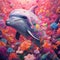 Dolphin emerging from a brightly floral background.