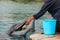 Dolphin feeding and training with instructor in oceanarium dolphinaris