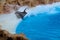 Dolphin gliding along the edge of the beach with a rock wall.