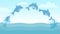 Dolphin jump out of water. Cartoon marine landscape with jumping dolphins and splashes. Cute ocean dolphin character