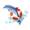 Dolphin jumping. Lifebuoy