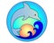 Dolphin Jumping Out of the Sea on the Background of the Sky and the Setting Sun - vector full color illustration. A bottlenose dol