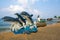 Dolphin and mermaid sculpture on beach