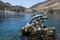 A dolphin monument in the harbour of the Greek island of Kastellorizo.