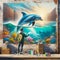 Dolphin Mural Graffiti Artist Painting Ocean Scene Brick Wall Vintage City Building AI Generated