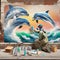 Dolphin Mural Graffiti Artist Painting Ocean Scene Brick Wall Vintage City Building AI Generated