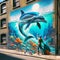 Dolphin Mural Graffiti Artist Painting Ocean Scene Brick Wall Vintage City Building AI Generated