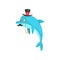 Dolphin with Mustache Swimming Wearing Black Top Hat and Retro Glasses, Cartoon Humanized Sea Animal Character Vector