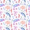 Dolphin and narwhal seamless watercolor pattern. Underwater cute background on white. Sea creatures in ocean with corals