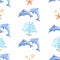 Dolphin and Seaweed watercolor hand painted seamless pattern.