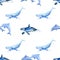 Dolphin, Shark, Whale, killer whale watercolor hand painted seamless pattern.