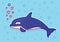 Dolphin sticker on blue background with bubbles and hearts. Ocean fish. Underwater marine wild life. Vector illustration