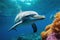 Dolphin swimming in the undersea, Beautiful Underwater and colorful coral in the wild nature of the Pacific Ocean