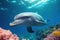 Dolphin swimming in the undersea, Beautiful Underwater and colorful coral in the wild nature of the Pacific Ocean