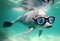 Dolphin swims with goggles. AI Generated